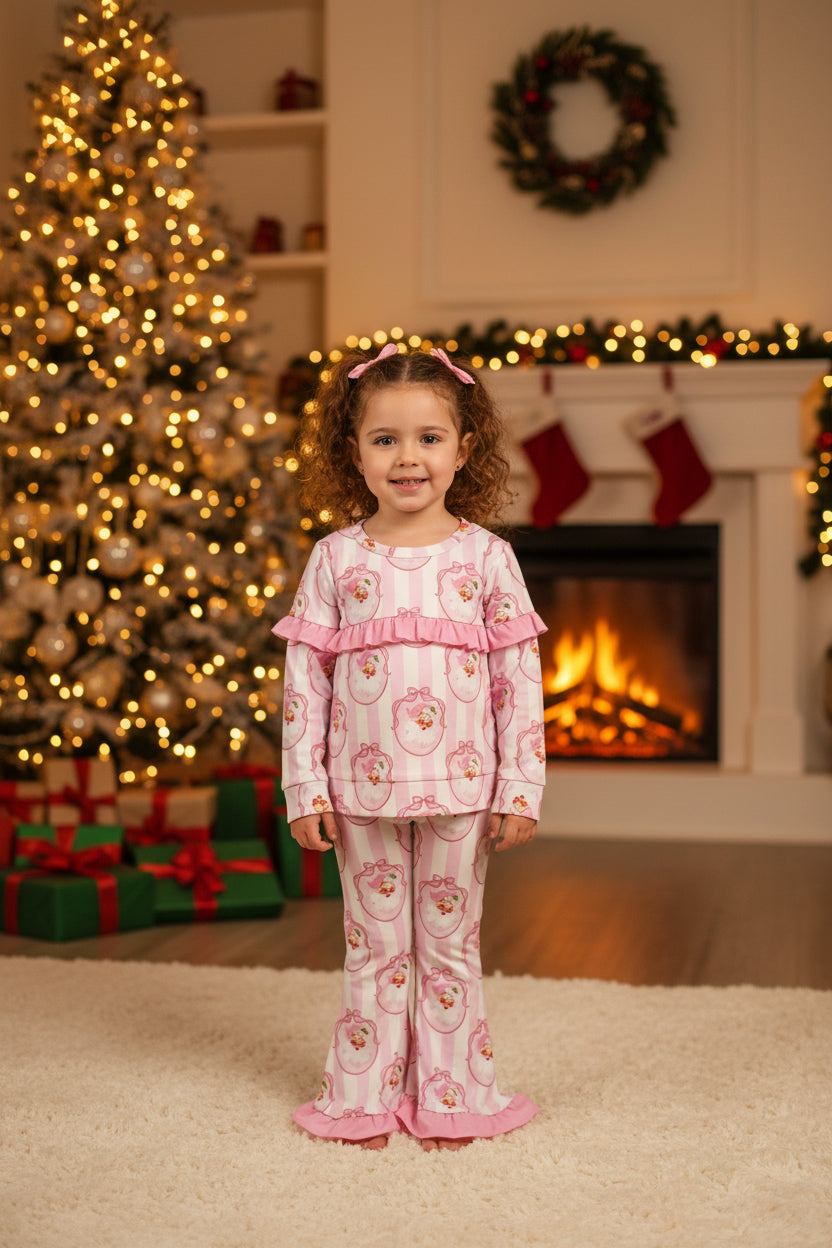 GLP3450 ruffle pink santa shirt pants set Christmas girls outfit