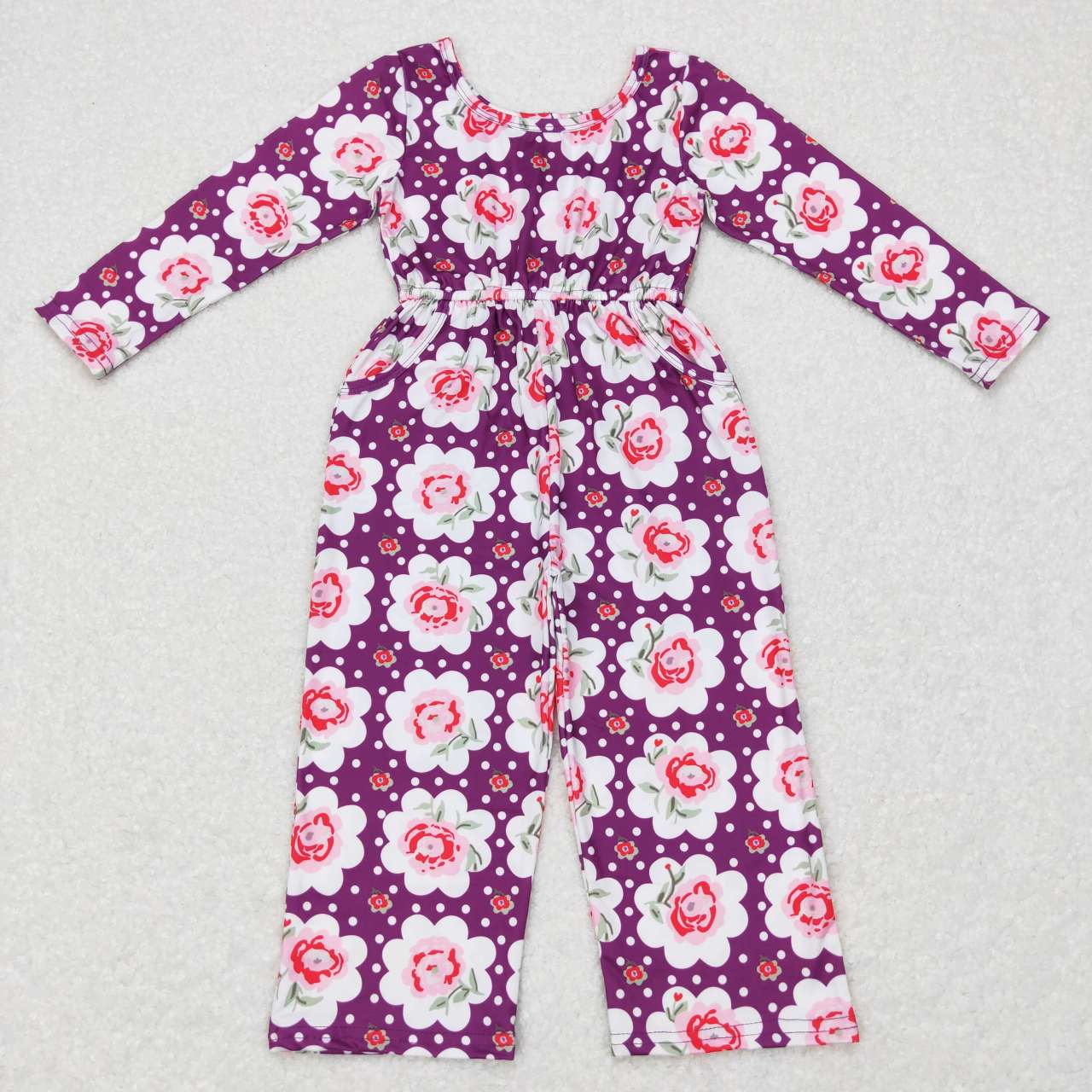 LR0716 Floral polka dot purple long-sleeved jumpsuit