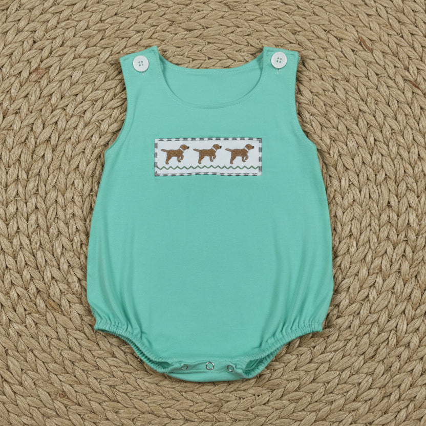 teal embroidery dog bubble baby boy clothing