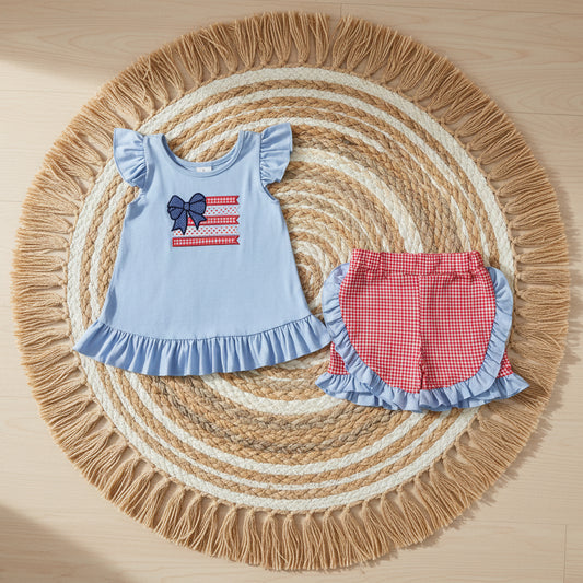 4th of july flag embroidery red gingham shorts set