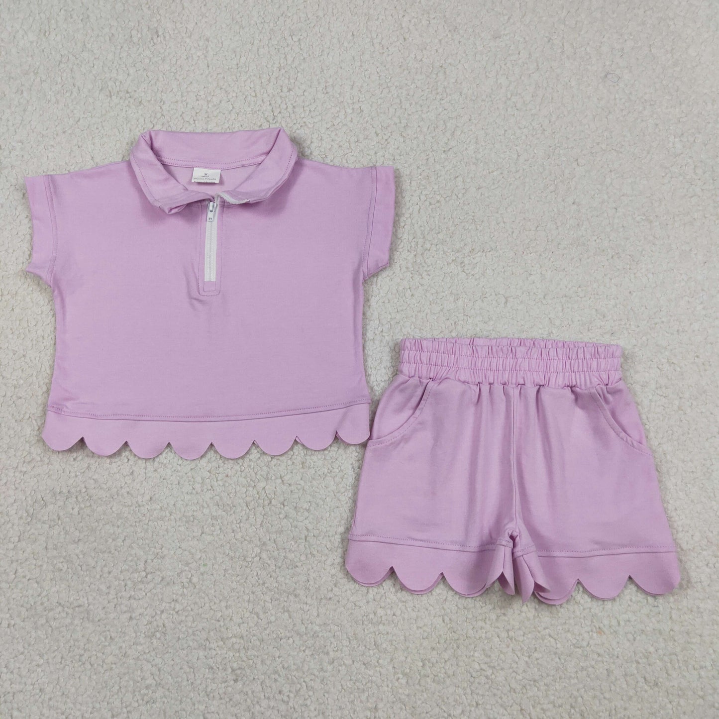 solid cotton lavender zipper scallop shorts set summer girl clothing