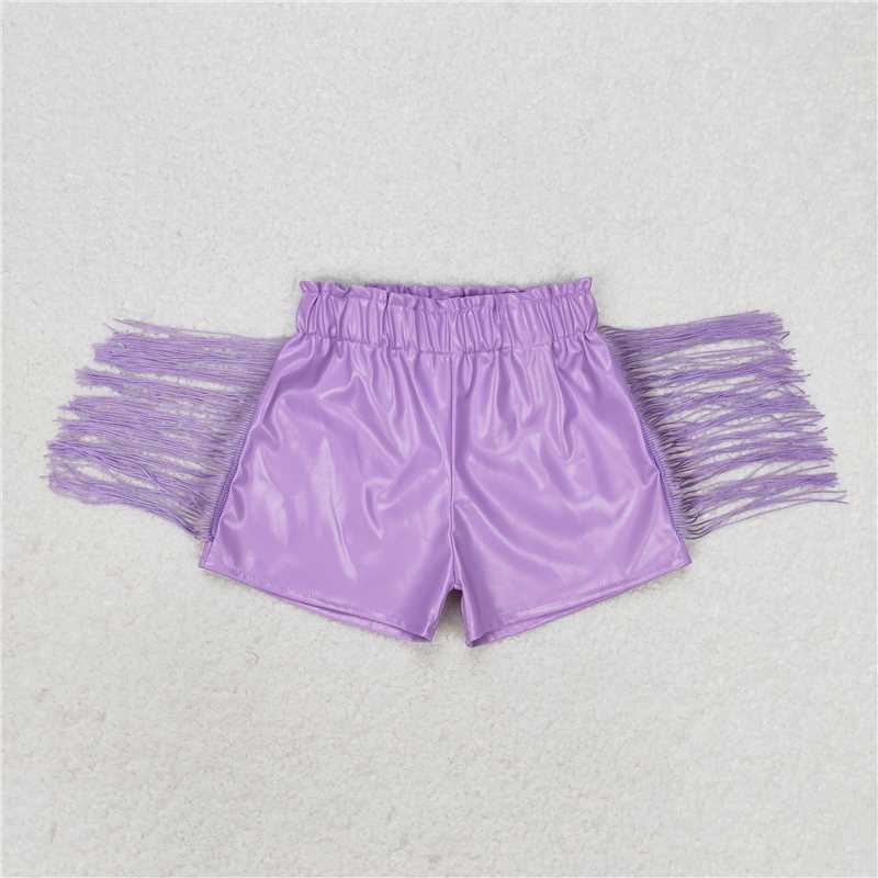 GSSO1029 Letter White Short Sleeve Purple Shiny Leather Tassel Shorts Set
