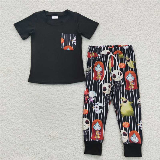 BSPO0105 Halloween Black Skull Short Sleeve Witch Magician Black Stripe Lace-up Trousers