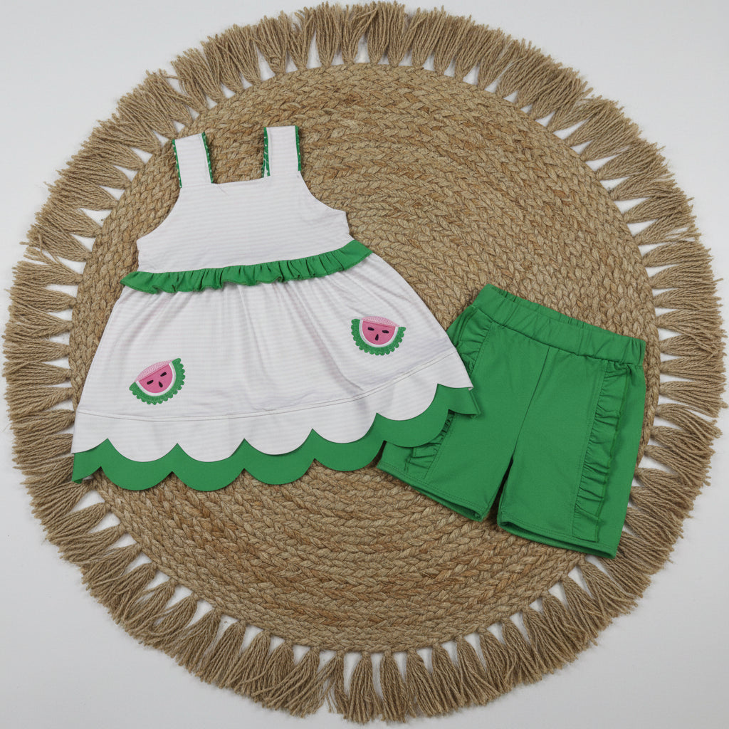 watermelon embroidery scallop shorts set summer girl clothing