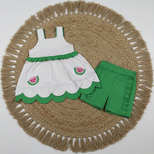 watermelon embroidery scallop shorts set summer girl clothing