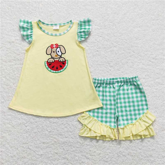 SSO0483 Embroidery watermelon puppy yellow green white plaid set