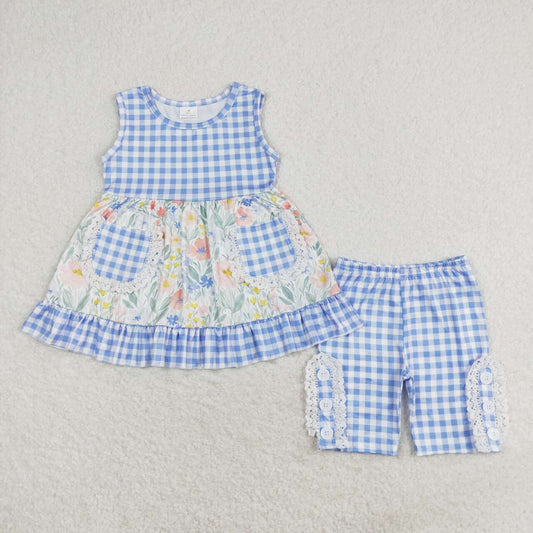 GSSO0908 Floral floral blue and white plaid pocket lace sleeveless shorts suit