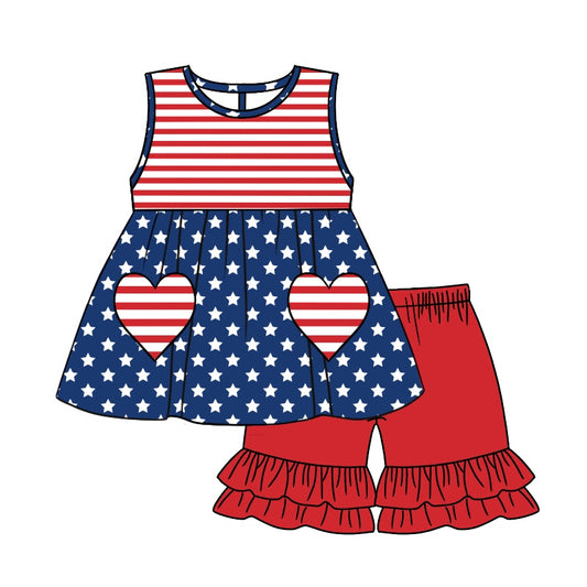 pre-order GSSO1014 Baby Girls July 4th Tunic Top Red Shorts Set