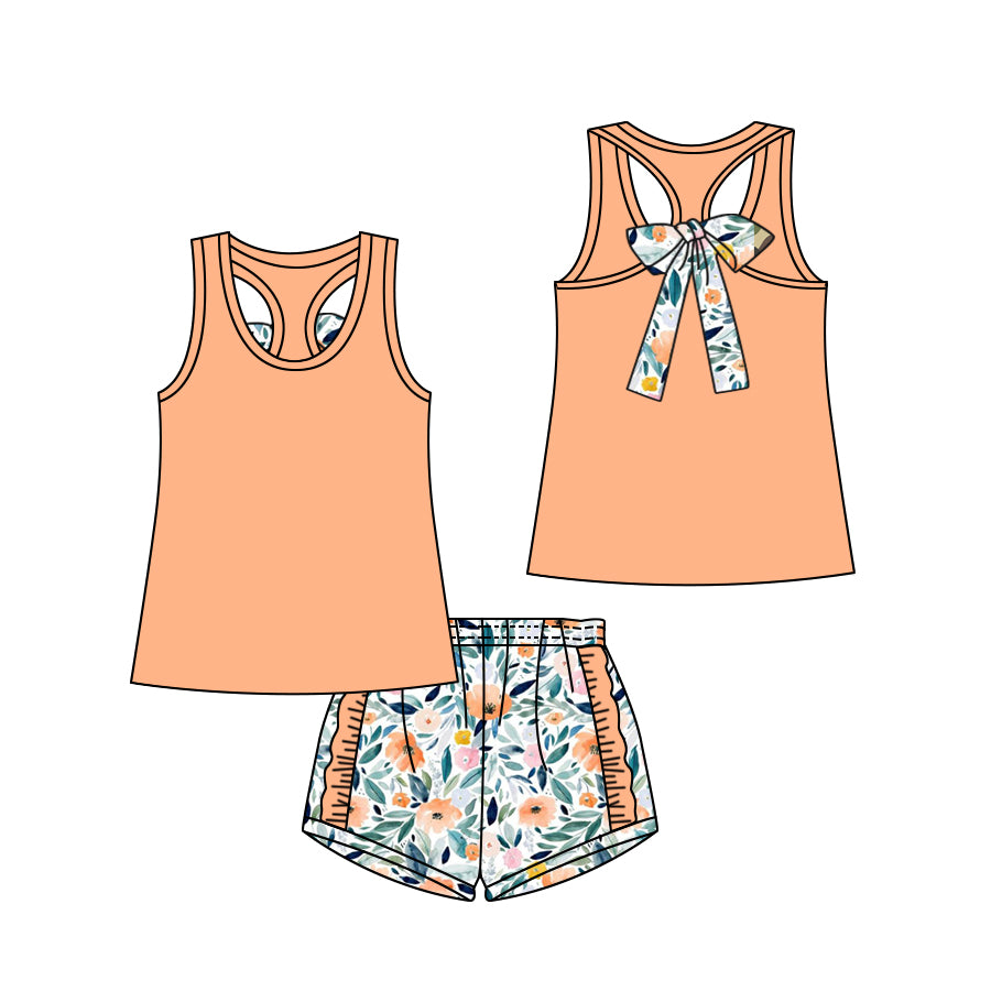 GSSO1061 Flower bow solid color sleeveless orange lace shorts suit