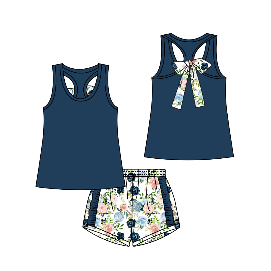GSSO1062 Flower bow solid color sleeveless navy blue lace shorts suit