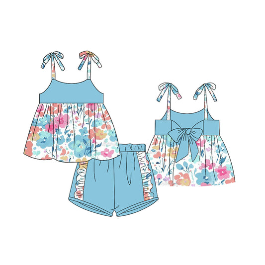 presale GSSO1143 Floral blue suspender lace shorts suit