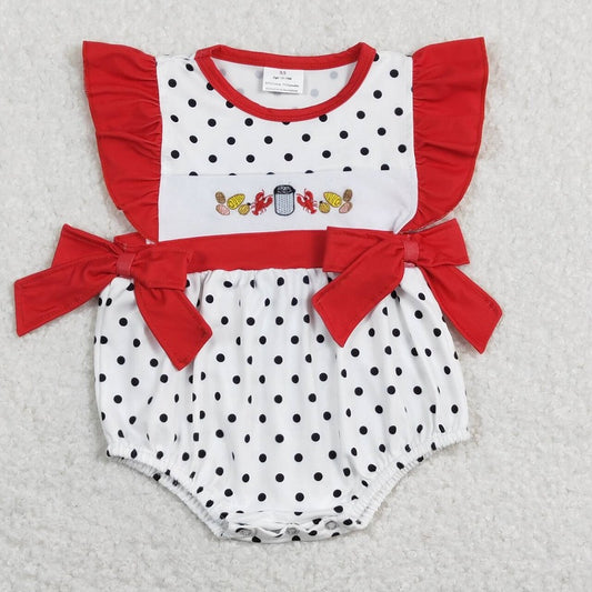 SR0742 Embroidered corn crayfish red lace bowl knot dot romper