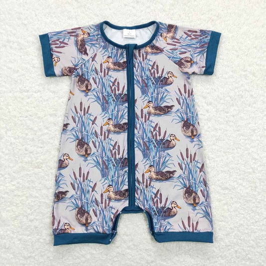 SR0802 Duck Pu stick blue zipper short-sleeved jumpsuit