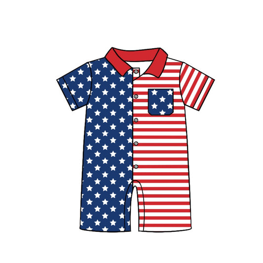 preorder SR1445 Star red and white striped pocket short-sleeved jumpsuit