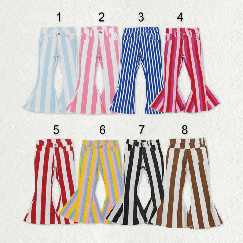 Sibling Baby Girls Colorful Stripes Bell Bottom Denim Jeans Pants D 927