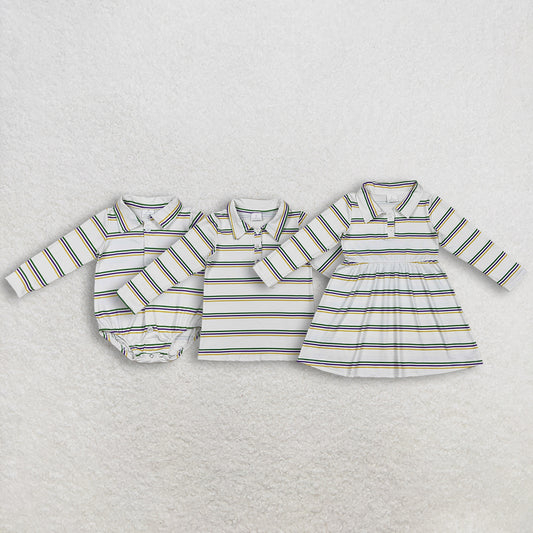 Sibling Baby Boys Girls Knee-Length Dress Polo Shirts Mardi Gras Stripe Design Button-Up Top Rompers for Kids