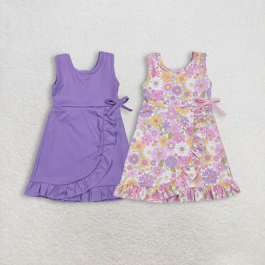 Sibling Baby Girls Purple Sleeveless Knee-Length Dress with Ruffle Shorts And Colorful Flowers Active Yoga Wear for Toddlers