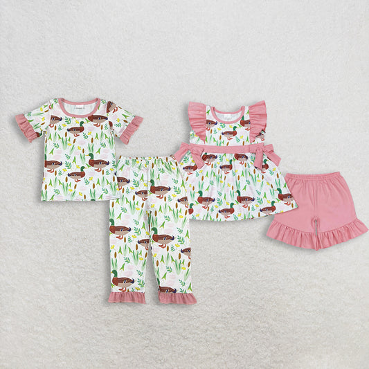 Sibling Baby Girls Duck Floral Top with Pink Bows Ruffle Pants Pajamas Set Children's Hunting Theme Clothing Set with Tunic Tops And Ruffle Shorts