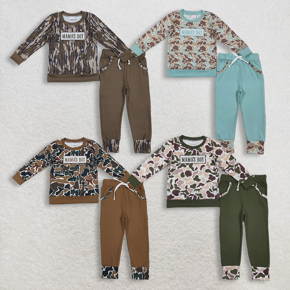 Sibling Baby Boys Embroidery Mama's Boy Camo Top Pockets Pants Clothes Sets  D 1206