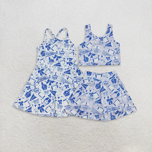 Sibling Baby Girls Blue Bows Footballs Team Shorts Yoga Clothes Set Knee Length Dresses  D 908