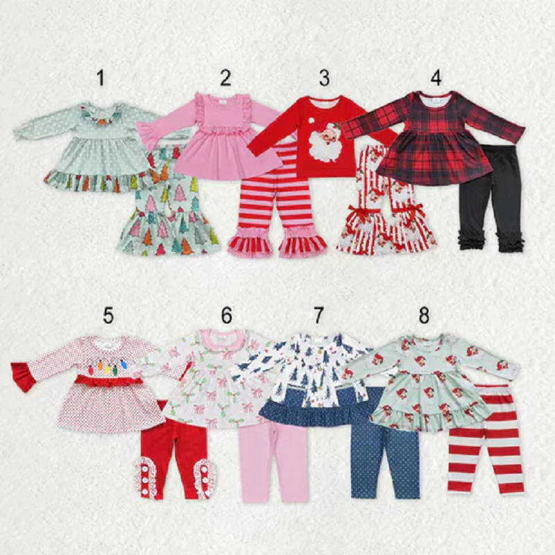 Sibling Baby Girls Long Ruffle Sleeves Santa Trees Lights Tunic Pants Christmas Clothes Sets   D 1115