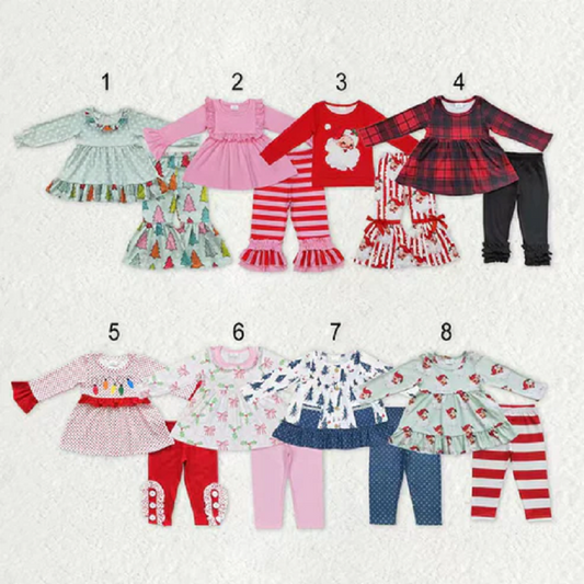 Sibling Baby Girls Long Ruffle Sleeves Santa Trees Lights Tunic Pants Christmas Clothes Sets   D 1115