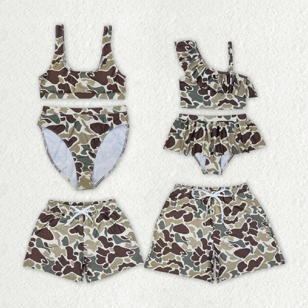 Match Family Baby Girls Green Camouflage Boys Trunks Swimsuits