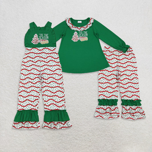 Sibling Baby Girls Embroidery Stripe Trees Tunic Ruffle Pants Christmas Clothes Sets Jumpsuits D 927