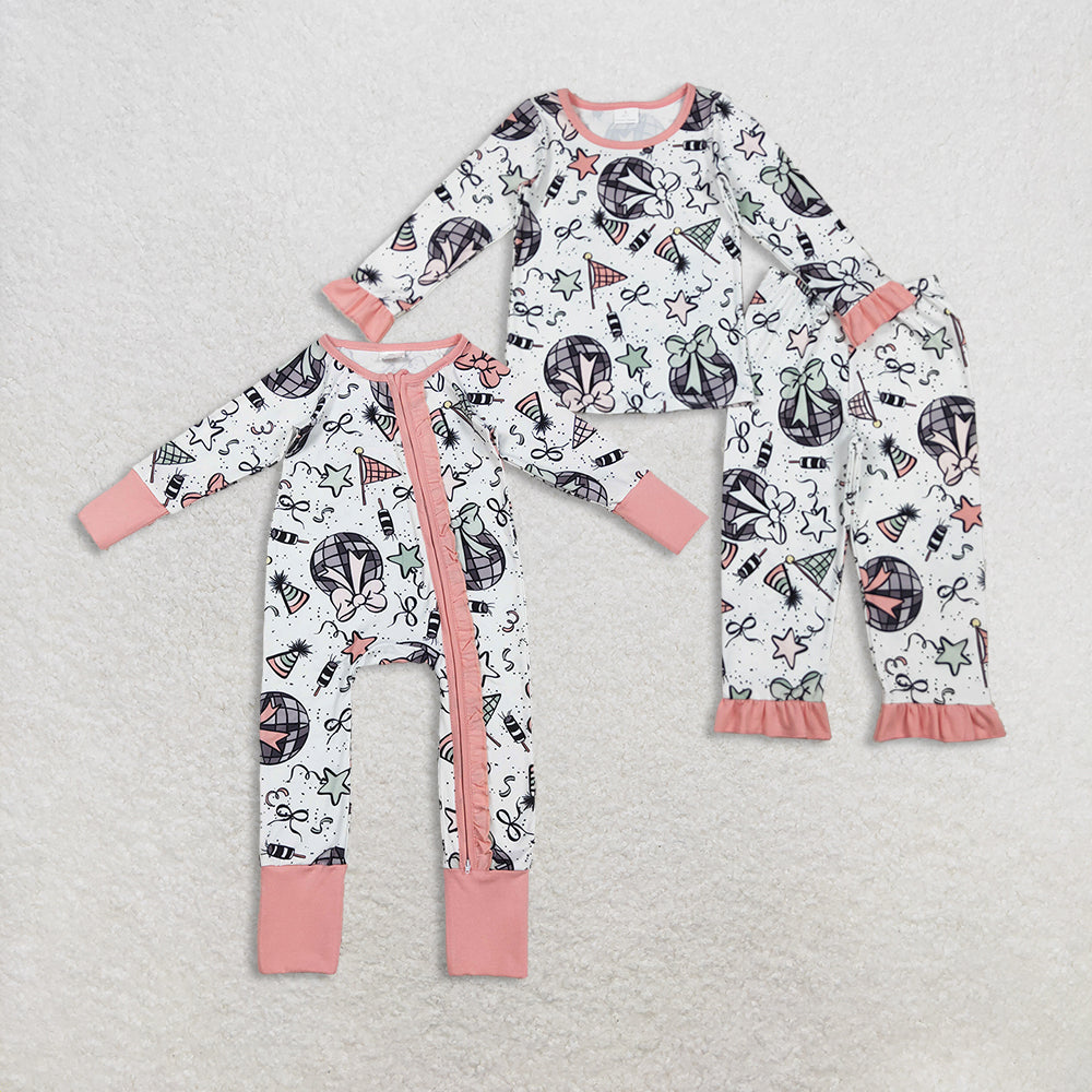Sibling Baby Girls Happy New Year Ruffle Pants Pajamas Sets Two Way Zip Convertible Rompers  D 1024