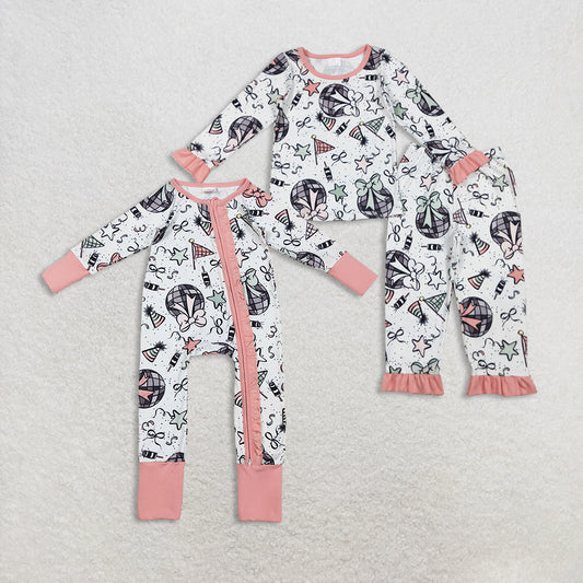 Sibling Baby Girls Happy New Year Ruffle Pants Pajamas Sets Two Way Zip Convertible Rompers D 1024