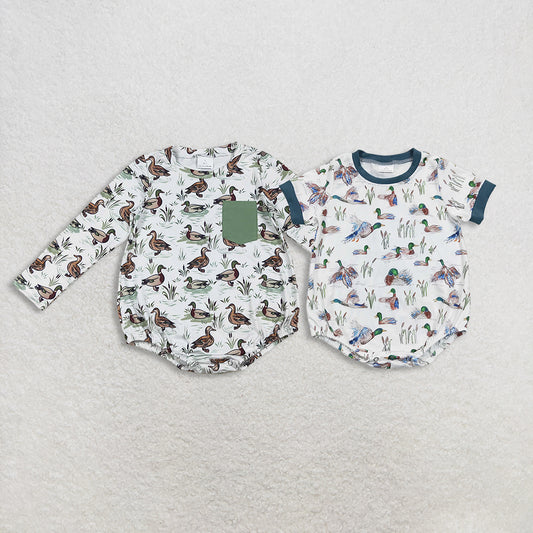Sibling Baby Boys Green Ducks Pocket Southern Rompers D 1027