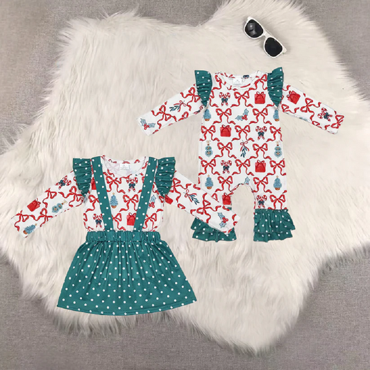 Match Christmas Bow Cane Pattern Polka Dot Green Lace Long Sleeve Suspender Dress Set Romper D 5.26