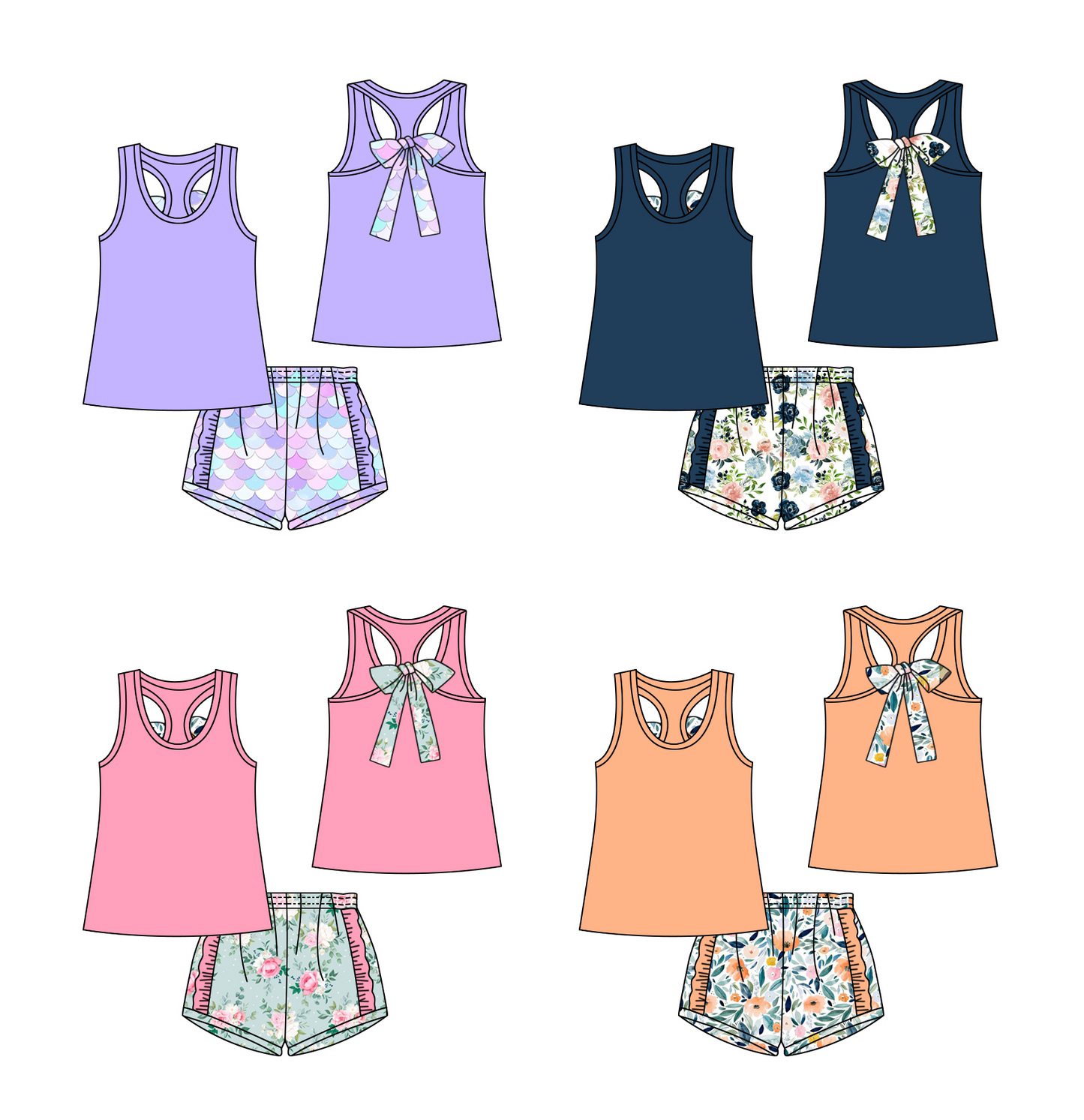 GSSO1061 Flower bow solid color sleeveless orange lace shorts suit