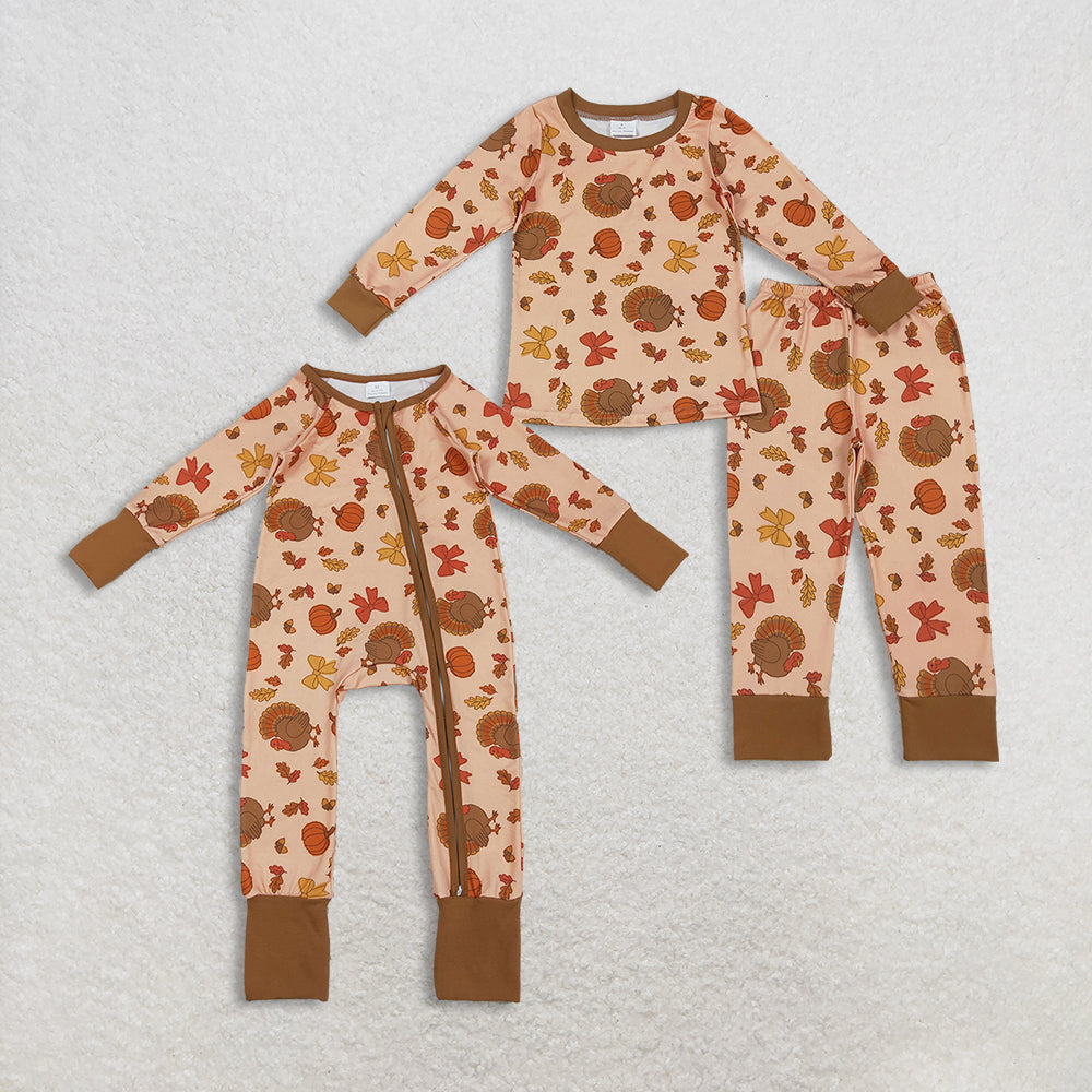 Sibling Baby Boys Bows Turkey Pumpkins Thanksgiving Two Way Zip Convertible Rompers Set  D 1025