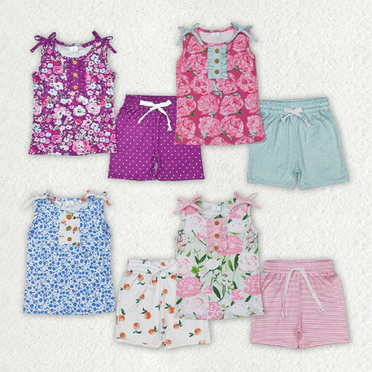 Sibling 4 colors Baby Girls Sleeveless Floral Button Top Shorts Set D 814 07