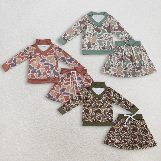 Sibling Baby Girls Southern Khaki Camo Long Sleeve Top with Skirts And Shorts Outfit Set Brown Camo Print Huntin Theme Baby Clothing Set