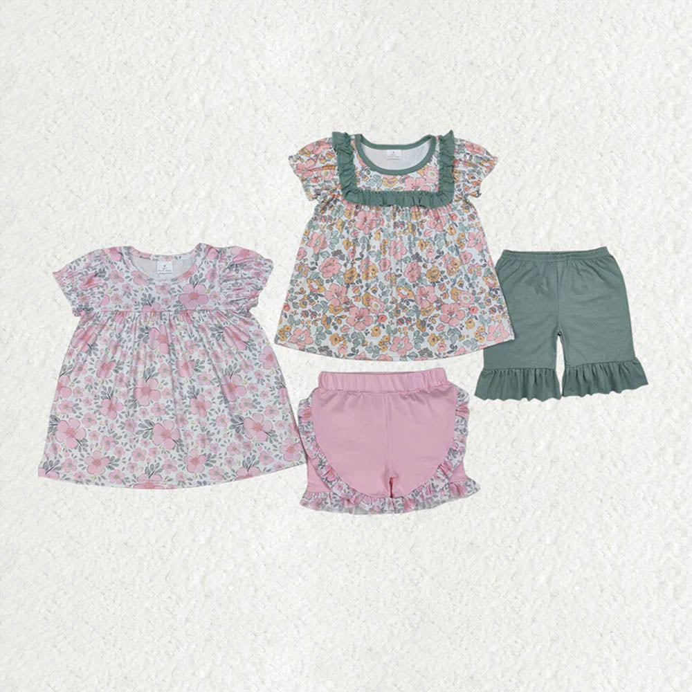 Sibling Baby Girls Spring Green Pink Flowers Rompers Clothes Suits D 7.8