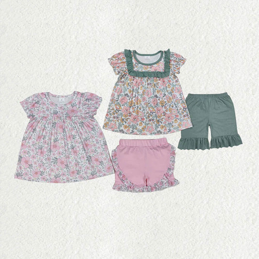 Sibling Baby Girls Spring Green Pink Flowers Rompers Clothes Suits D 7.8