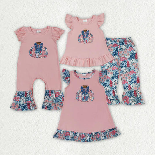 Sibling Embroidery Baby Girls Pink Floral Pumpkin Rompers Dresses Outfits D 7.7