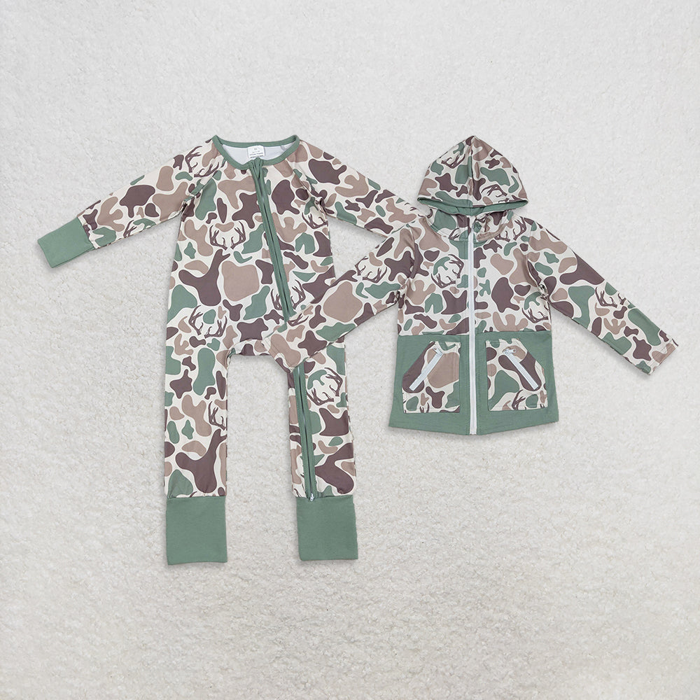 Sibling Baby Boys Green Khaki Deer Camo Pockets Zipper Hoodie Jackets Zipper Rompers D 929