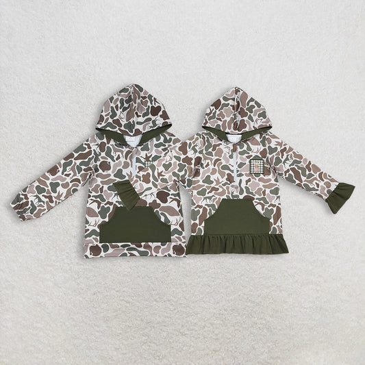 Sibling Baby Boys Girls Camo Hunting Hoodies Embroidery Deer Duck Design Green Zipper Pocket Zip-Up Sweatshirts for Kids
