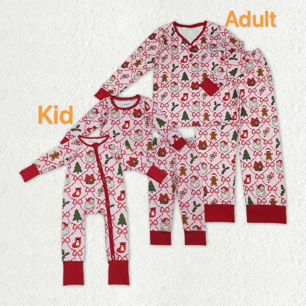 Family Sibling Mama and Me Bows Santa Socks Checked Top Pants Christmas Pajamas Sets Zipper Rompers   D 1208