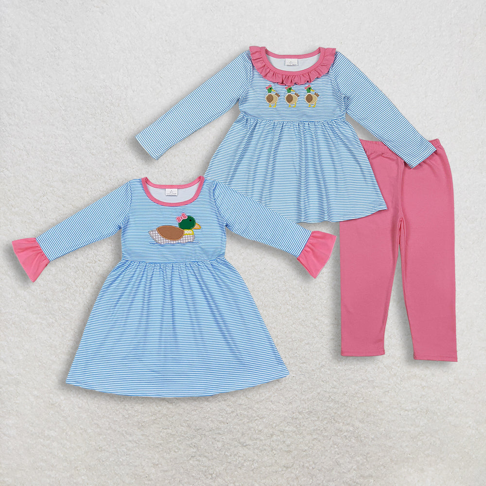 Sibling Baby Girls Embroidery Bow Ducks Blue Stripe Tunic Leggings Valentines Sets Dresses  D 1122