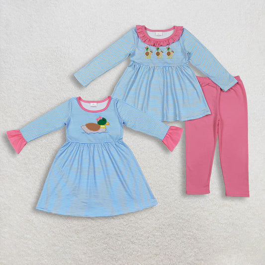 Sibling Baby Girls Embroidery Bow Ducks Blue Stripe Tunic Leggings Valentines Sets Dresses  D 1122