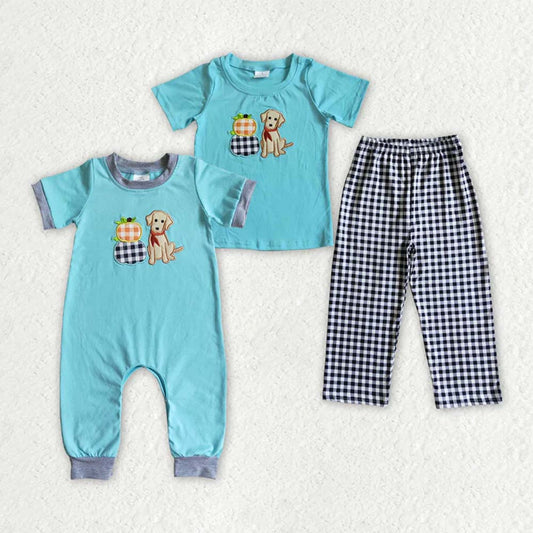 Sibling Baby Boys Dog Pumpkins Embroidery Rompers Outfits Sets  D 6.26
