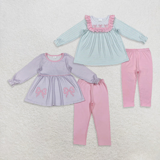 Sibling Baby Girls Embroidery Bows Stripe Tunic Leggings Pants Clothes Sets  D 1018