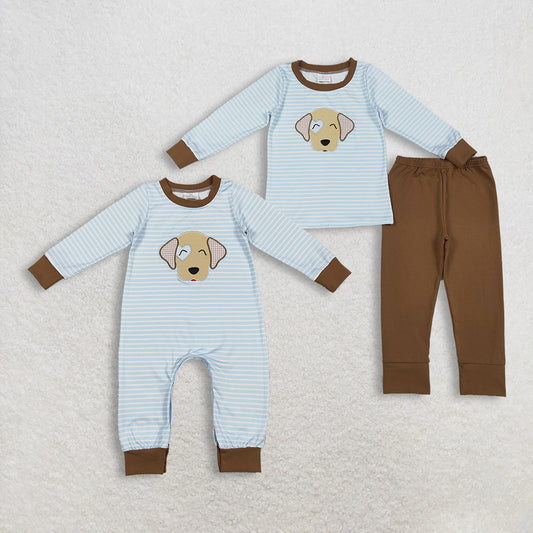 Sibling Baby Boys Embroidered Dog Stripe Pants And Rompers Set Cute Striped Outfit for Little Ones