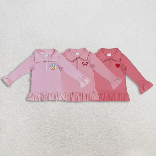 Sibling Embroidery Bow Baby Girls Pink Long Ruffle Sleeve Zipper Valentines Pullovers Top  D 1206