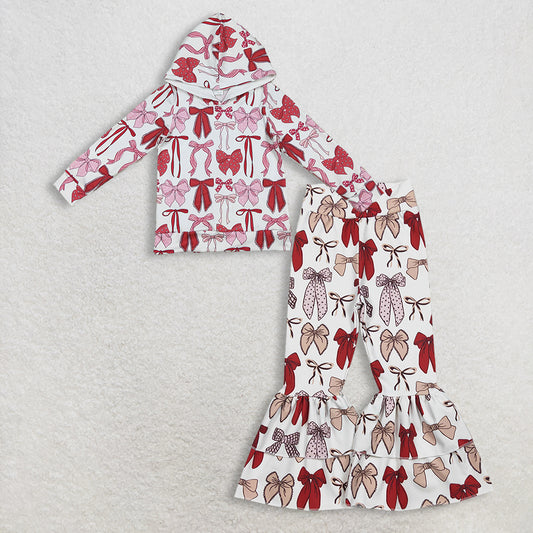 Baby Girls Christmas Plaid Hoodie Top with Pink Bows Red Bows Yoga Active Ruffle Bell Bottom Pants Outfit Set for Infants