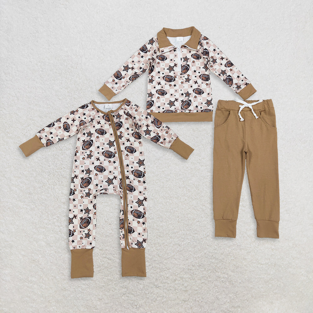 Sibling Baby Boys Khaki Checked Stars Footballs Pullovers Pockets Pants Team Clothes Sets Zipper Footie Rompers  D 919